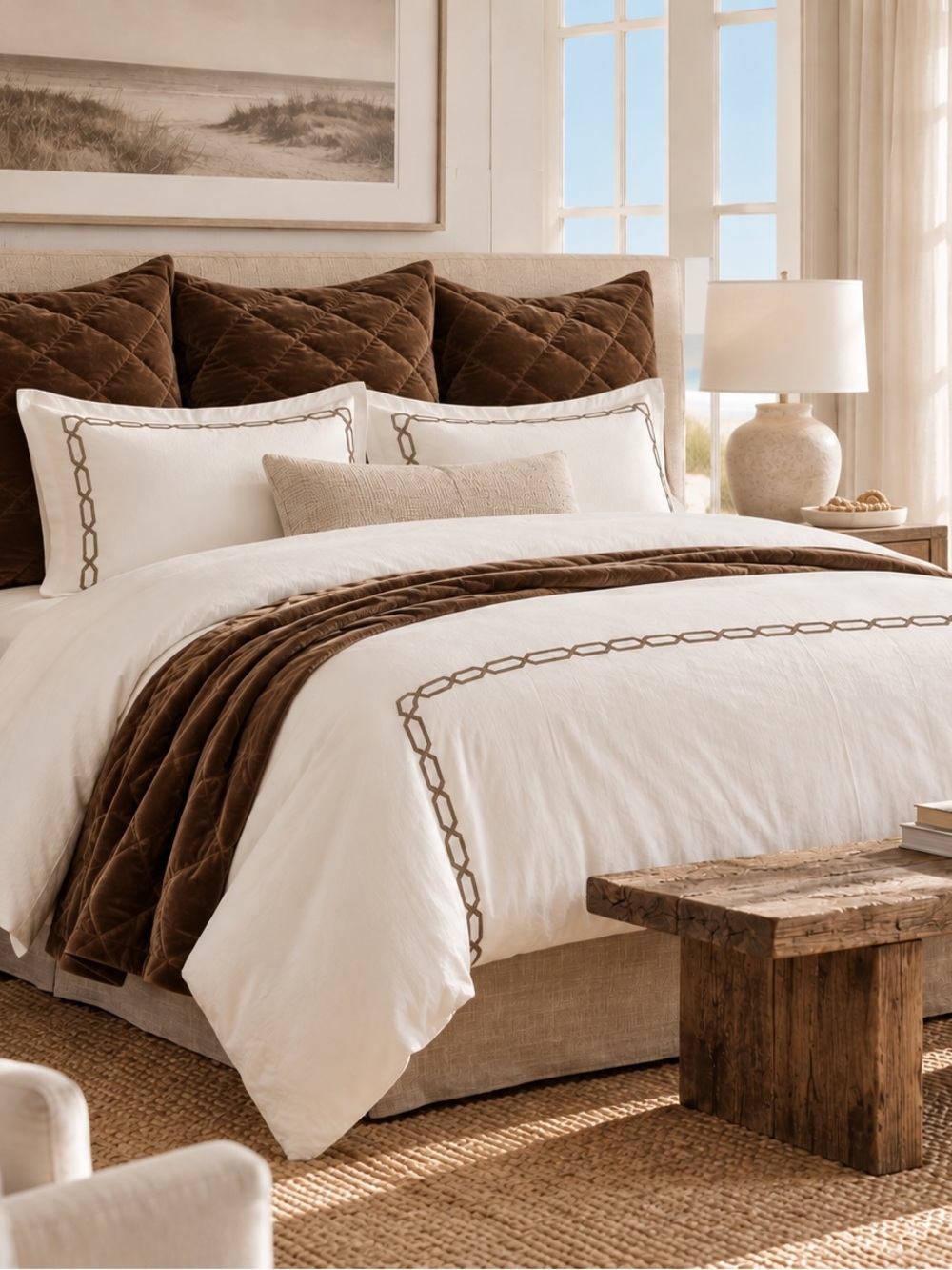 Brand New Pottery Barn White and Brown Embroidered Duvet Cover Set So Beautiful!